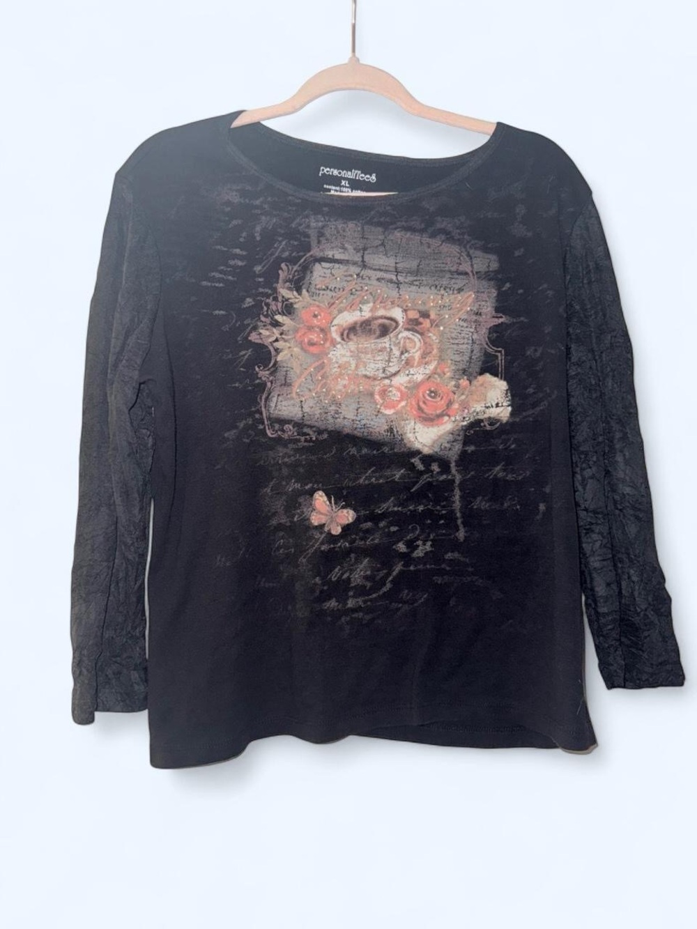 Y2K Women's Black Long Mesh Sleeve Graphic Tee with Floral Coffee